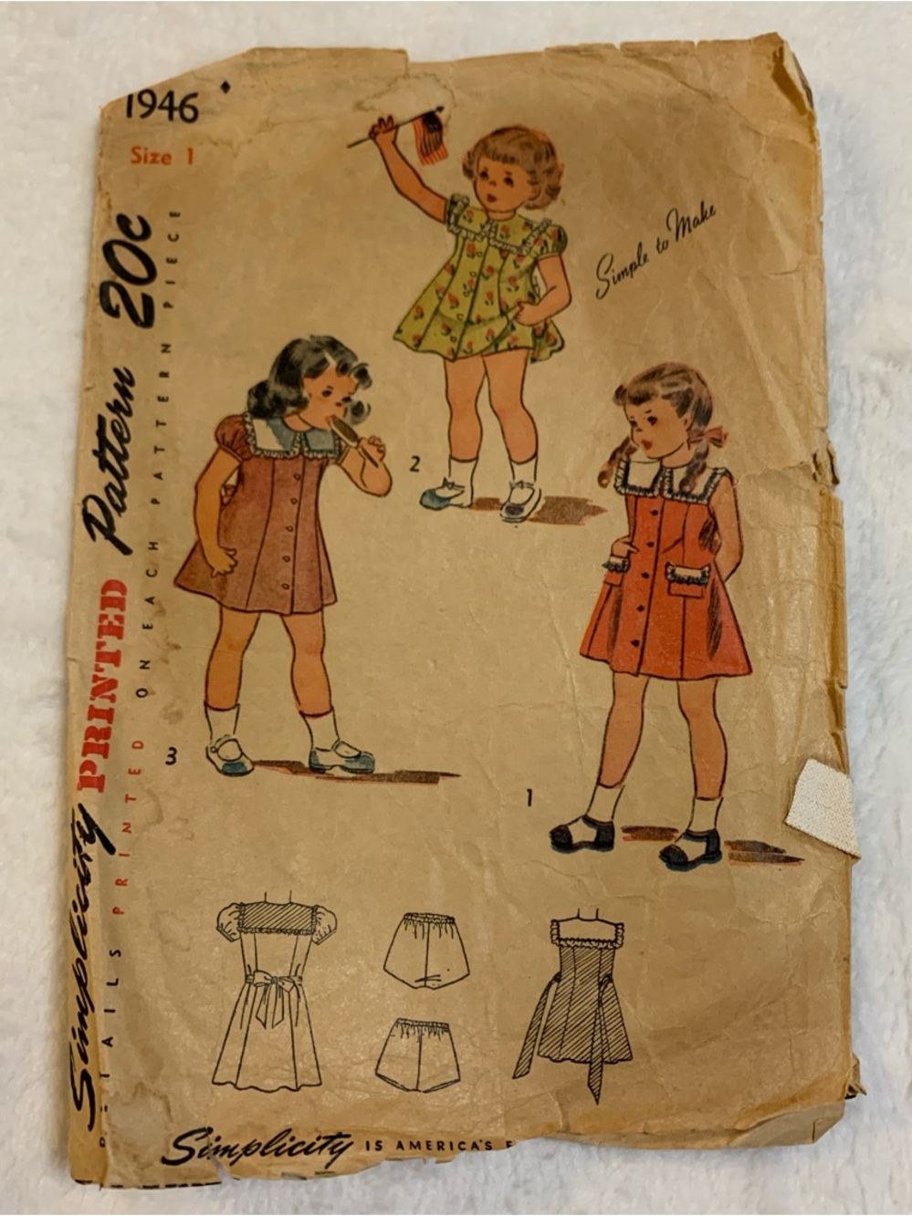 Simplicity 1946 Vintage 1947 Girl's Dress Pattern Size 1